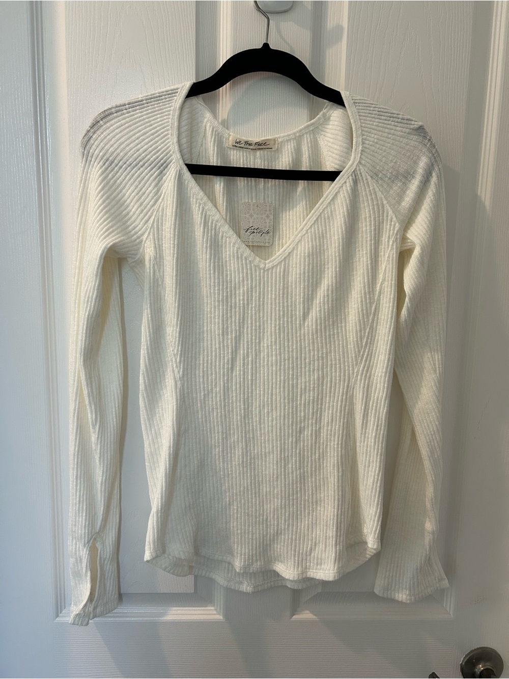 We The Free (Free People) Cream Ribbed V-Neck Long Sleeve Top